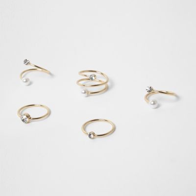 Gold tone pearl twist ring pack